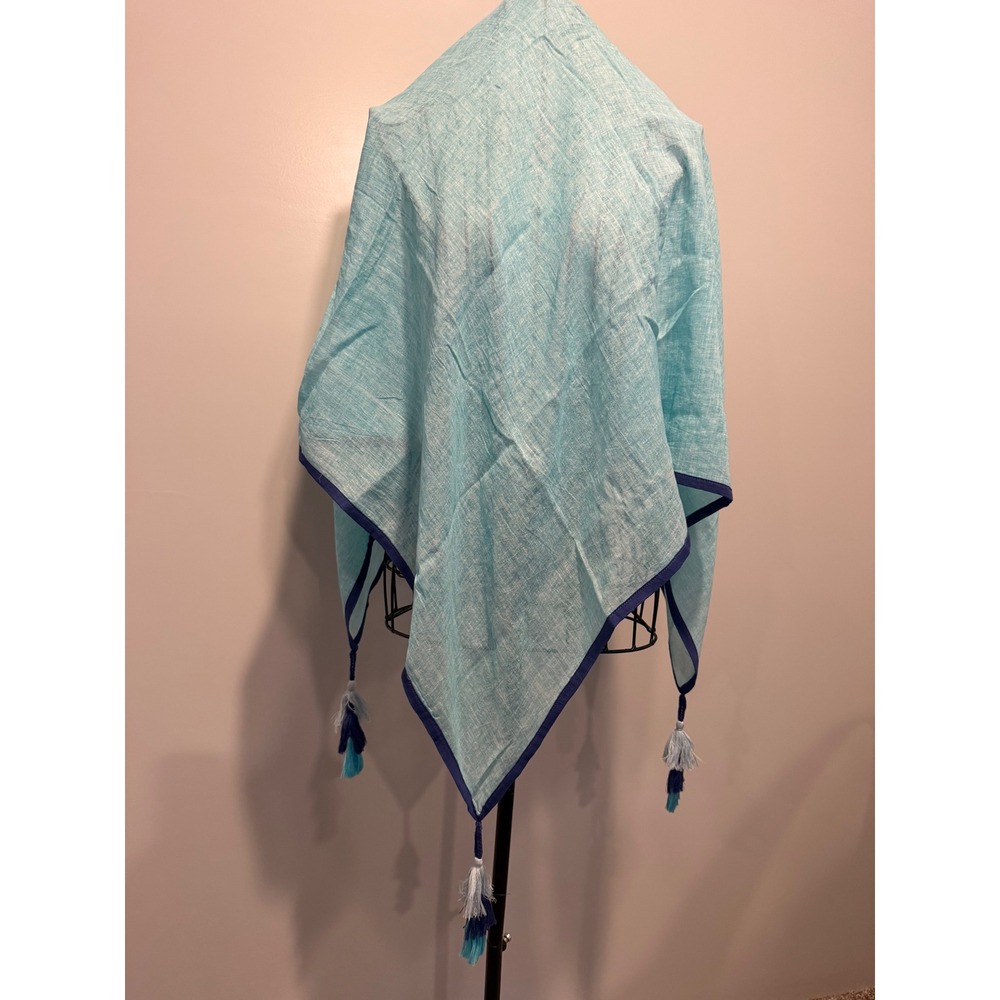 Aqua Blue Square Scarf Navy Border Tassel Trim Wrap Shawl
